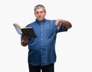 Handsome senior teacher man reading a book over isolated background with angry face, negative sign showing dislike with thumbs down, rejection concept