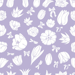 Floral seamless pattern of  hand drawn white buds of tulip flowers  and bows on violet  background.