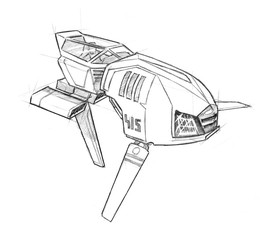 Black and white ink concept art drawing of futuristic or sci-fi spaceship or spacecraft or aircraft. © Zdenek Sasek