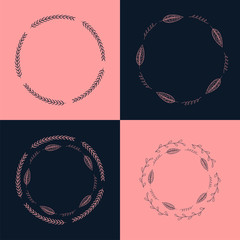 Set of Handdrawn ink painted floral frames, wreaths and laurels. Vintage vector clipart set for wedding, holiday and greeting cards, web, prind scrapbooking design and other