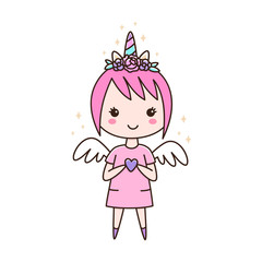 Cute girl in a headband unicorn with flowers, with wings and a heart in her hands.  It can be used for sticker, patch, phone case, poster, t-shirt, mug and other design.