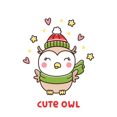 Cute winter owl in a hat and scarf on a white background. It can be used for sticker, patch, phone case, poster, t-shirt, mug and other design.