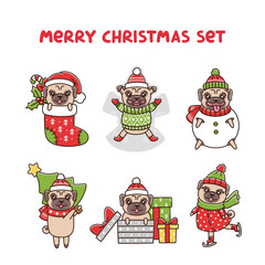 Merry christmas set with dogs breed pug. Dog snowman, skate, make a snow angel, carries a Christmas tree, dog with gifts, pug in a christmas sock to decorate the fireplace.