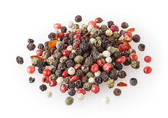 Mixed of diffrent kind peppercorns isolated on white background