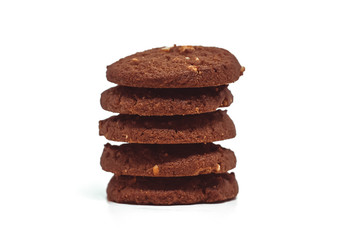 Traditional chocolate cashew butter cookies on white background for food and sweet desserts concept
