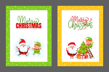 Greeting Cards Christmas Tree Santa and Elf Vector