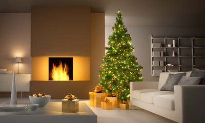 Weihnachtsbaum mit goldenen Geschenken am Kamin