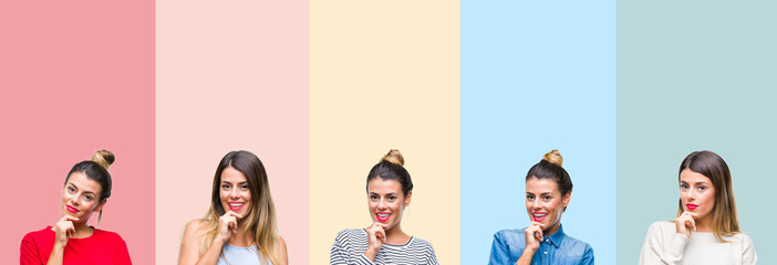 Collage of young beautiful woman over colorful vintage stripes isolated background looking confident at the camera with smile with crossed arms and hand raised on chin. Thinking positive.
