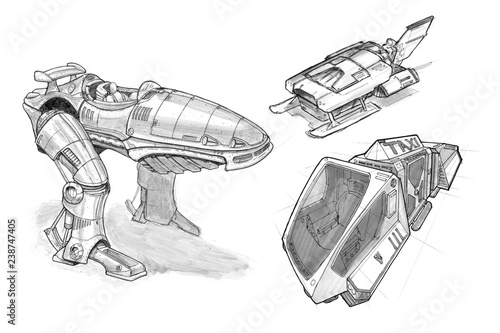 Set Of Various Black And White Futuristic Ink Concept Art