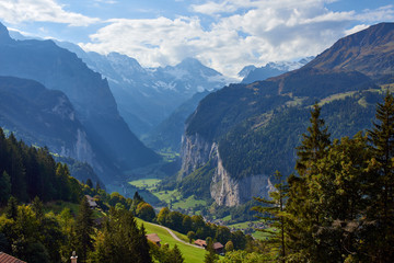 Mountain dramatic valley view from Wengen village in Lauterbrunnen in Switzerland.