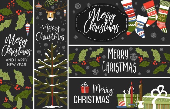 Christmas set of vector greeting banners cards and posters.