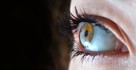 Macro image of human eye on dark background with copy space.