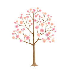 Watercolor vector illustration tree with pink flowers.