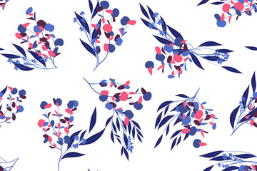 Seamless Summer Pattern in Watercolor Style. Vector Eucalyptus Leaves. Beautiful Branches and Floral Elements. Tropical Plants. Botanical Background. Summer Pattern for Wedding Design, Print, Textile.