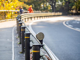 Closeup of street light and fence with the curve road, pavement and forest in the park with blurry walking tourist.