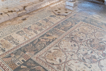 The fragment of mosaic in the covered pavilion on the historical archaeological site Umm ar-Rasas...