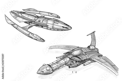 Black And White Ink Concept Art Drawing Of Two Futuristic Or