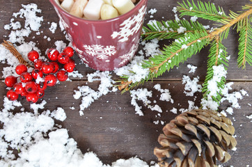 Homemade Tasty Hot Chocolate in Glass with Marshmallow Festive Christmas Background Candy Cane Horizontal Copy Space