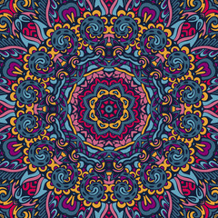 Psychedelic festival ethnic seamless design. Festive colorful mandala pattern