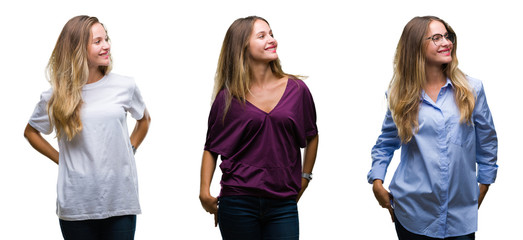 Collage of young beautiful blonde woman over isolated background looking away to side with smile on face, natural expression. Laughing confident.