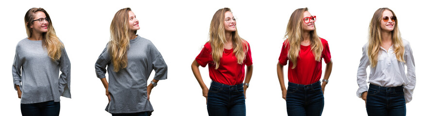 Collage of young beautiful blonde woman over isolated background looking away to side with smile on face, natural expression. Laughing confident.