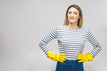 Cleaning lady with rubber gloves isolated on white background.