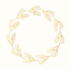 Obraz na płótnie Canvas Vintage round hand drawn golden floral frame. Vector isolated design border. Gold vine wreath.
