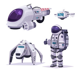 Cosmonaut character, spaceship and robots. Cartoon vector illustration