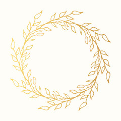Floral round hand drawn golden botanical frame. Vector isolated design elements. Vine vintage gold wreath.
