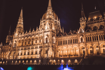 Fototapeta na wymiar Hungarian Parliament at night on the River Danube, Budapest, Hungary, Europe