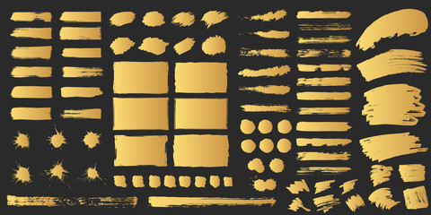 Super big set of hand drawn golden grunge torn box shapes. Vector isolated background. Edge rough frames. Distressed brush strokes, blots, borders and gold dividers.