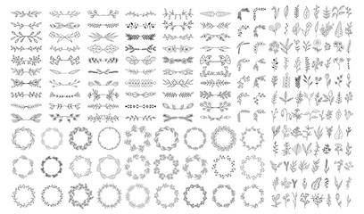 Super big collection of vintage hand drawn botanical borders, floral dividers, flowers and branches. Vector isolated elements. Wedding flourish laurel wreaths for invitation card.