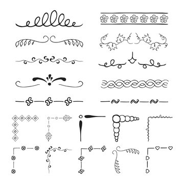 Set of vintage hand drawn vector dividers, lines, borders and ornate corners. Vector isolated elements.