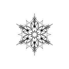 Snowflake black sign. Silhouette design gray snowflake on white background. Symbol of Christmas holiday season. Monochrome template for prints, card. Isolated graphic element. Flat vector illustration