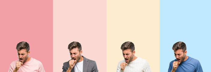 Collage of handsome young man over colorful stripes isolated background feeling unwell and coughing as symptom for cold or bronchitis. Healthcare concept.