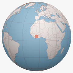 Ivory Coast on the globe. Earth hemisphere centered at the location of the Republic of Côte d'Ivoire. Côte d'Ivoire map.