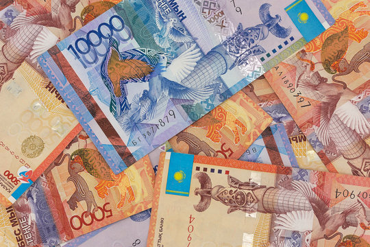 Kazakhstan money bills background texture. tenge banknotes