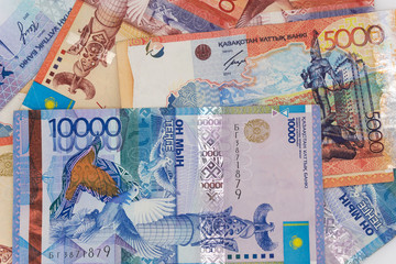 Kazakhstan money bills background texture. tenge banknotes