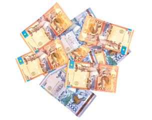 Obraz na płótnie Canvas Kazakhstan money bills isolated on white background. tenge banknotes