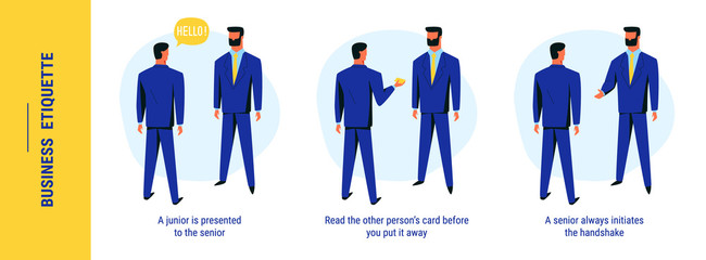 Male co-workers in navy blue suits handshaking and greeting. Business etiquette rules of presentation junior colleague to senior. Business meeting of an office worker with top manager in corporation.