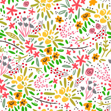 Various leaves, branches and flowers. Ethnic style. Hand drawn vector seamless pattern. Transparent background