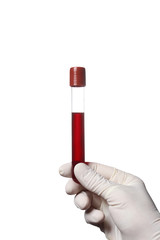 hand with glove holding a blood test tube isolated on white background with clipping path and copy space for your text