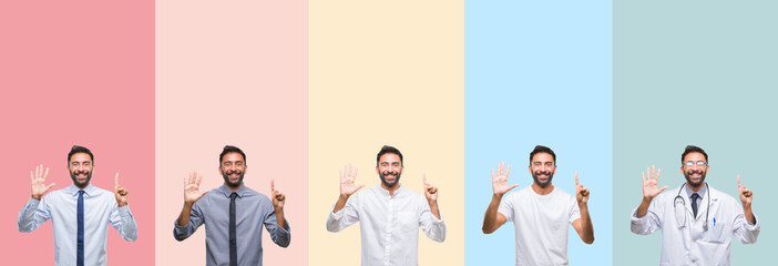 Collage of handsome man over colorful stripes isolated background showing and pointing up with fingers number six while smiling confident and happy.