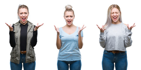 Obraz premium Collage of beautiful blonde young woman over isolated background celebrating mad and crazy for success with arms raised and closed eyes screaming excited. Winner concept