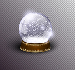 Vector snow globe empty template isolated on transparent background. Christmas magic ball. Glass ball dome, wooden stand with golden crown decor. Winter holiday crystal, snow inside. Xmas toy sphere.