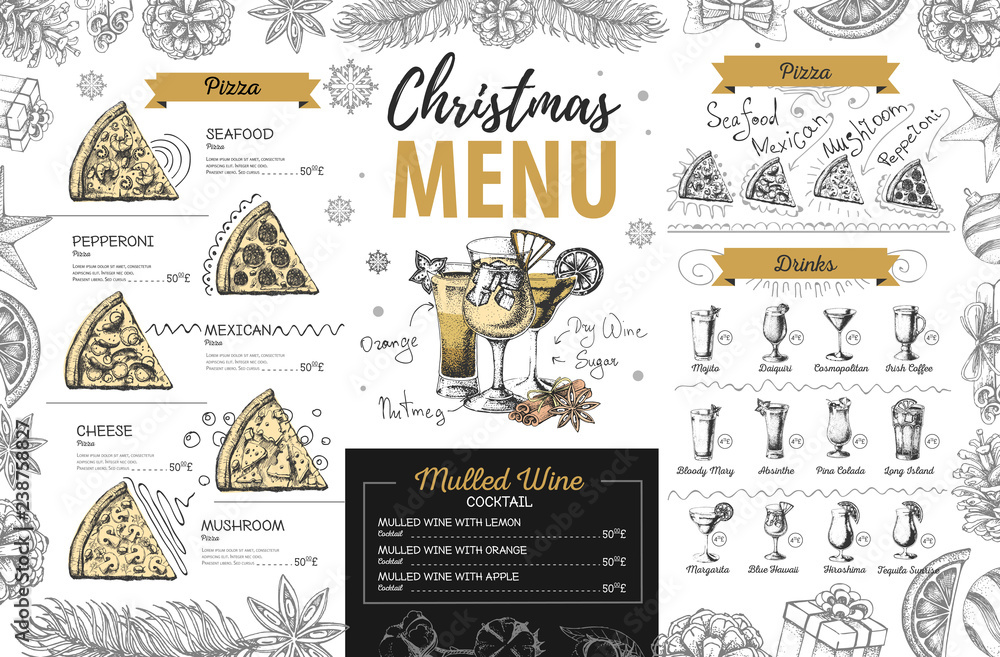 Wall mural hand drawing christmas holiday menu design. restaurant menu