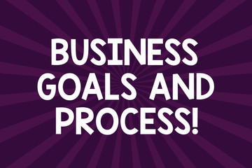 Writing note showing Business Goals And Process. Business photo showcasing Working strategies accomplish objectives Half Tone Sunburst Beam Explosion Effect for Announcement Poster