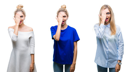 Collage of young beautiful blonde woman over isolated background covering one eye with hand with confident smile on face and surprise emotion.