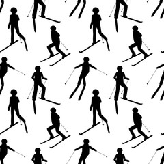 Seamless pattern with black silhouettes of skiing people: man; woman; child. Winter sport games. Christmas illustration.