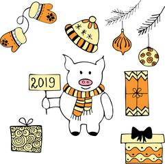 Art of Christmas symbols: pig, spruce branch with balls, mittens, gifts, toys, winter cap. Happy New year decoration. Symbol of chinese 2019  new year - piggy.